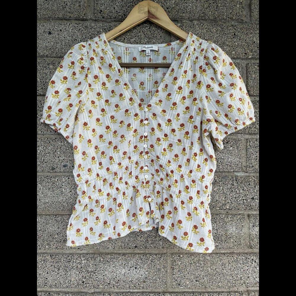 Madewell Fall Floral Ruffle Peplum Blouse Button Front Short Sleeve M Cottage